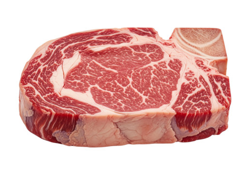 Premium Raw Ribeye Beef Steak with Rich Marbling, Isolated on White Background