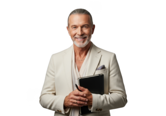 Professional senior man in white suit holding notebook and pen smiling portrait photography stock image isolated on transparent background