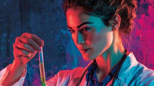 Scientist holds a laboratory vial with precision, performing detailed testing as part of ongoing medical and pharmaceutical research studies.