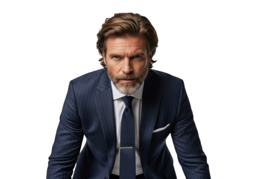 Serious businessman executive ceo leader manager in suit with beard and tie looking down isolated on transparent background