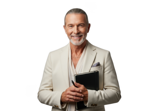 Professional senior man in white suit holding notebook and pen smiling portrait photography stock image isolated on transparent background - Powered by Adobe