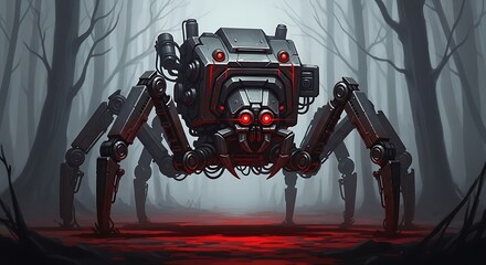 Futuristic Spider Robot in a Mysterious Forest.