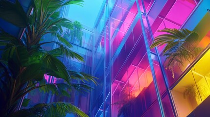 A vibrant scene of modern architecture showcasing colorful glass panels. Lush greenery contrasts beautifully with the glowing hues. Captivating visuals for your inspiration. Generative AI.
