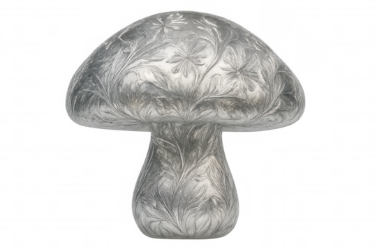 Silver mushroom ornament with floral engravings, isolated on transparent background, perfect for fantasy or nature-themed projects