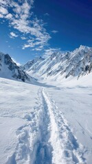 Snow-covered mountain pass, trail through pristine white