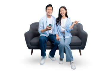 Happy couple sitting comfortably on the couch, enjoying the leisure time on PNG background