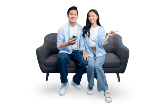 Happy couple sitting comfortably on the couch, enjoying the leisure time on PNG background