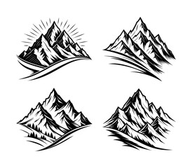 Set of vintage mountain landscape logos, monochrome adventure emblems collection for camping, hiking, outdoor brands and stickers, black slopes of the mountains vector silhouette