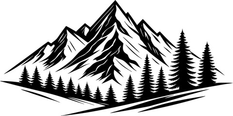 Mountain range landscape logo with evergreen trees silhouette, monochrome outdoor adventure vector for travel branding and apparel, black slopes of the mountains with pine tree vector illustration