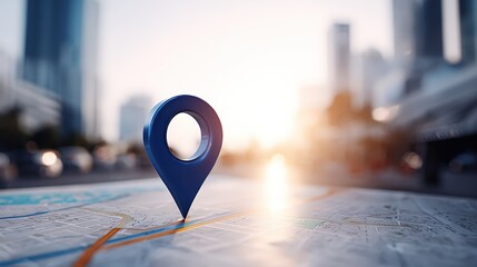 Smartphone GPS marker on navigation map with cityscape background and sunset lighting outdoor scene