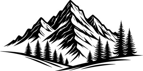 Alpine mountain landscape with pines logo illustration, monochrome adventure emblem vector for camping, hiking and travel, black slopes of the mountains with pine tree vector silhouette