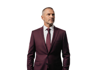 Professional businessman in burgundy suit looking upward stock photo, portrait of a man in formal attire isolated on transparent background