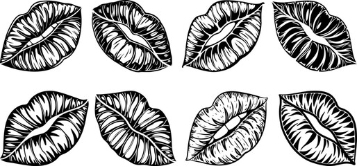 Kiss lips vector pack, black and white mouth illustrations bundle for stickers, tattoos, t-shirts and decals, black vector silhouette of lips with a detailed textured