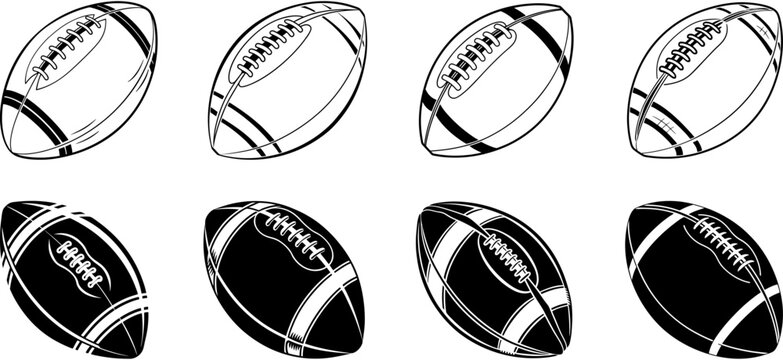 American football ball icons set, outline and solid vector clipart bundle for sports logos and designs, black vector illustration of an American football