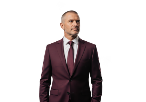 Professional businessman in burgundy suit looking upward stock photo, portrait of a man in formal attire isolated on transparent background