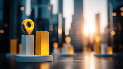 Modern urban cityscape featu a GPS pin marker on a bar graph with bright bokeh background at sunset