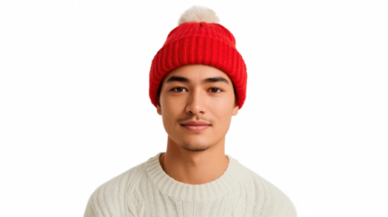 Young Asian Man Wearing Santa Hat Portrait on White Background