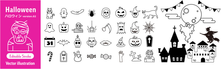 ハロウィンのイラスト素材集、お化けやモンスターのベクターアイコンセット（編集可能/ベクター/線画）