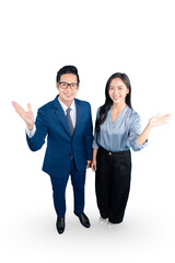 Two smiling professionals in business attire, gesturing with open hands. Man in suit and woman in blouse on PNG background