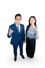 Two smiling business professionals pointing at the camera on PNG background