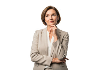 Thoughtful mature businesswoman in suit posing with hand on chin, contemplating strategy and decision making, isolated on transparent background
