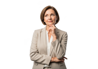 Thoughtful mature businesswoman in suit posing with hand on chin, contemplating strategy and decision making, isolated on transparent background