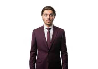 Surprised businessman in burgundy suit with shocked expression png image for design projects and marketing materials isolated on transparent background