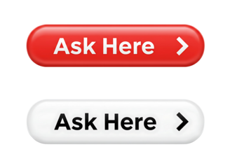 Red and white ask here buttons with arrows isolated on transparent background