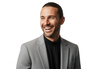 Smiling businessman in gray suit portrait, happy male executive headshot, professional man laughing isolated on transparent background