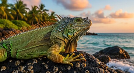 Obraz premium Green Iguana on Rocks by Ocean at Sunset