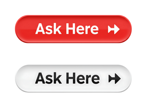 Red and white ask here buttons with arrows isolated on transparent background