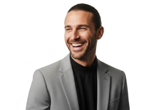 Smiling businessman in gray suit portrait, happy male executive headshot, professional man laughing isolated on transparent background