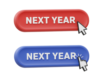 Two next year buttons red and blue with cursor isolated on transparent background