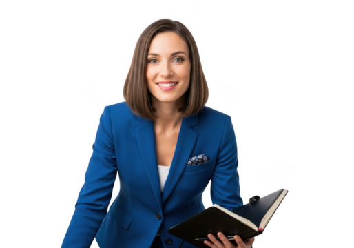 Professional businesswoman smiling holding notebook in blue suit portrait stock photo image isolated on transparent background