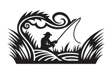 Silhouette Fishing Man with Hat on Lake Trees on White Background