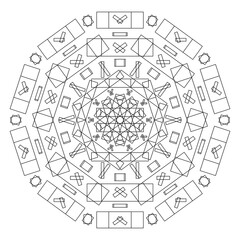Abstract black and white mandala line drawing illustration. Flower petals and leaves design from square shapes. Graphic style for coloring, t-shirt print or tattoo.