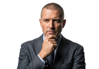 Thoughtful businessman in suit posing with hand on chin, portrait of leadership, executive decision making, isolated on transparent background