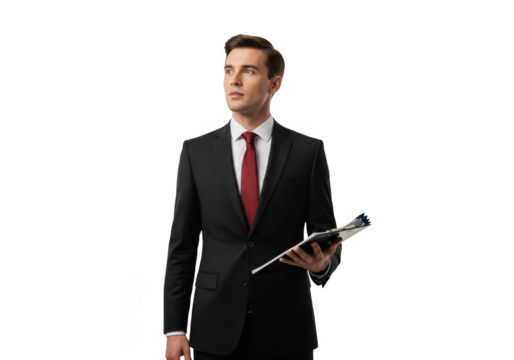 Professional businessman holding clipboard in suit looking upward stock photo png image for design and mockups isolated on transparent background - Powered by Adobe