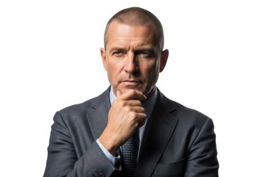 Thoughtful businessman in suit posing with hand on chin, portrait of leadership, executive decision making, isolated on transparent background