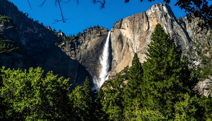Yosemite Falls Cascading Down Granite Cliff Surrounded by Pine Trees.