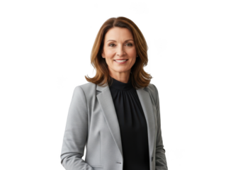 Professional headshot of smiling businesswoman in gray suit with brown hair portrait photo png isolated on transparent background