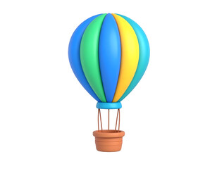 Fototapeta premium 3D Render of a Colorful Hot Air Balloon with Blue, Green, Yellow, and Cyan Stripes, Isolated on Black Background