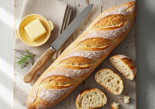Artisan French baguette loaf with butter and knife on wooden cutting board &mdash; top view