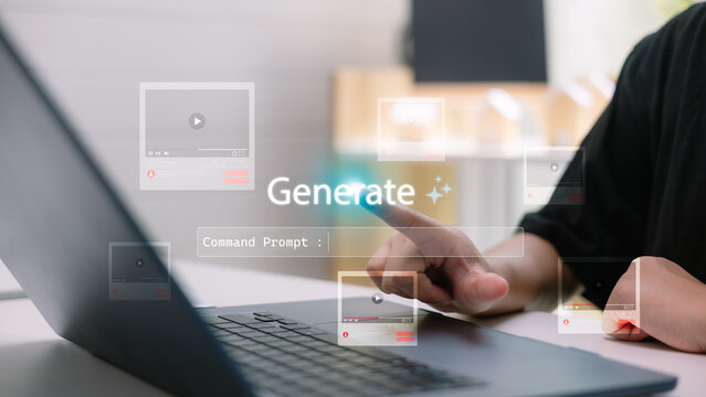 Close up of hand using laptop with digital command prompt and video generation icons. Concept of generative AI, content automation, artificial intelligence, video creation, and machine learning. - Powered by Adobe