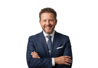 Professional businessman smiling portrait in blue suit and tie - stock photo of executive, manager, leader, isolated on transparent background