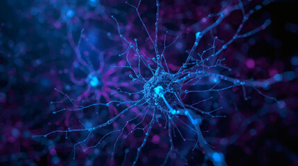 Abstract AI Visualization of a Luminous Neuron and Neural Network - A Conceptual Image of Technology, Brain Science, and Data