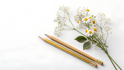 flowers and notebook , White Flowers and Baby's Breath on Golden Pencils