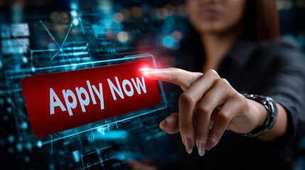 A red button with 'apply now' text and a cursor clicking. Perfect for websites needing a clear call to action.