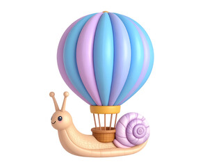 Cute Snail Character Flying with Pastel Hot Air Balloon as Shell - 3D Render