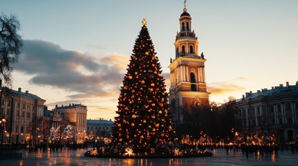 Large Christmas tree decorated with lights and ornaments near historic clock tower du sunset in winter city square